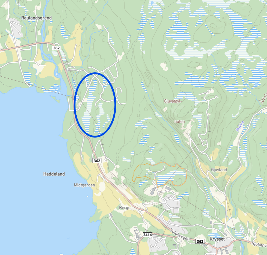 Kart som viser Ævogsmyri markert med blått